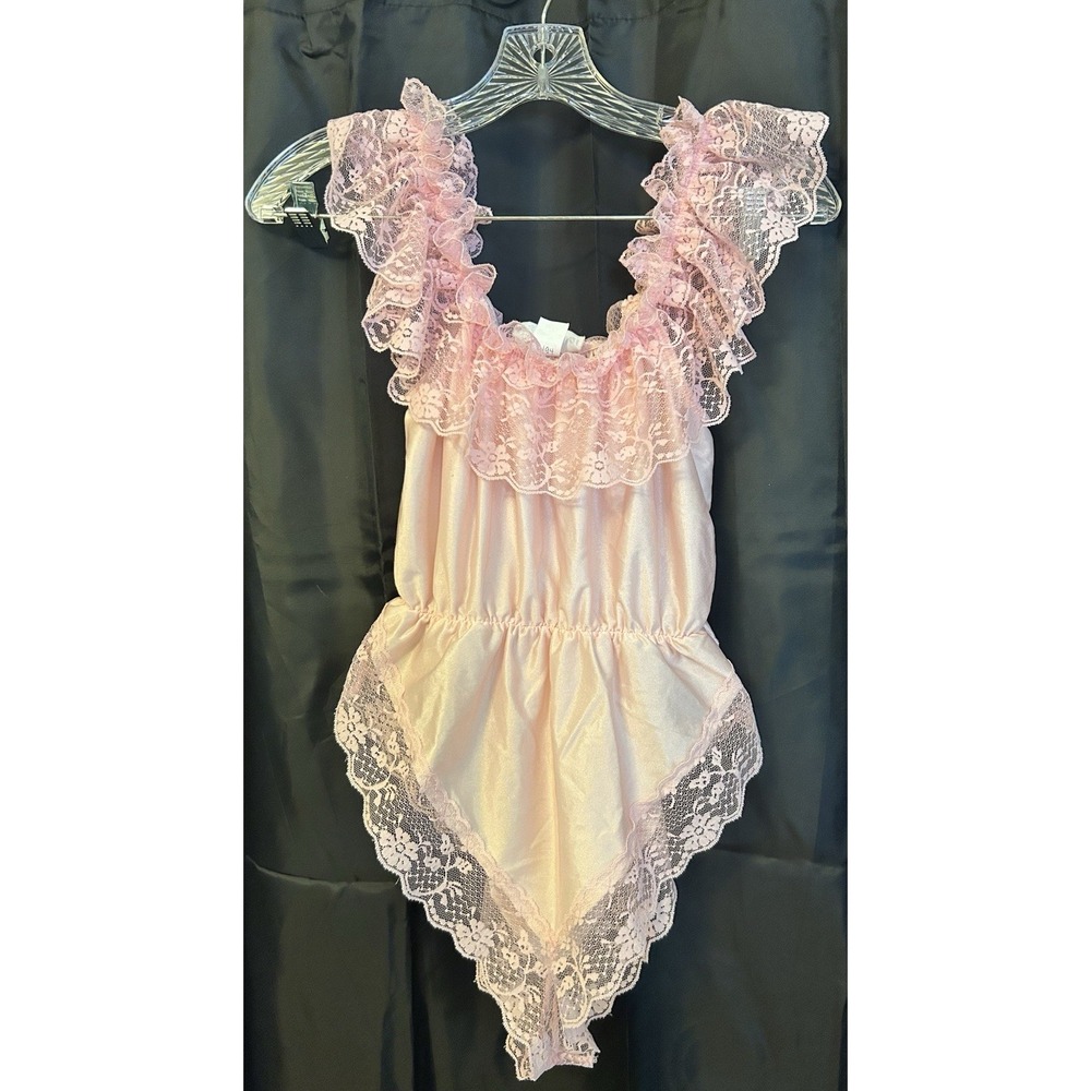 VTG 80s Pink Slip Teddy Bodysuit Babydoll Lingerie Lace Playsuit S Coquette
